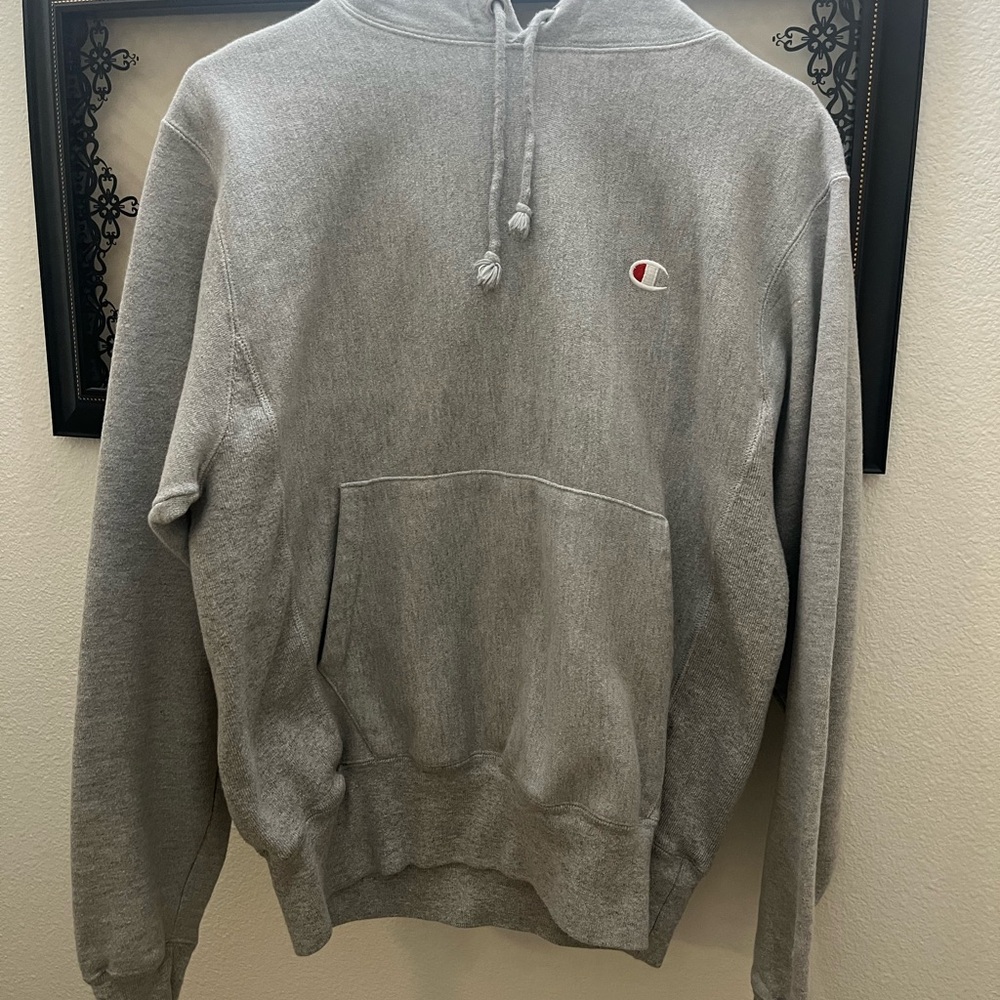 Champion Reverse Weave has Gray Pullover Hoodie with Small Logo